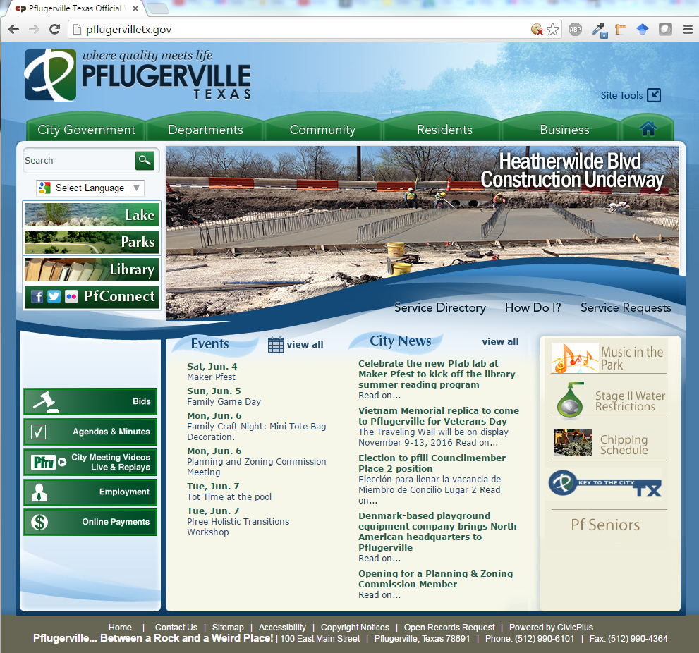 The 2015 'current' Pflugerville homepage design. Dated and not much different than the proposed redesign.
